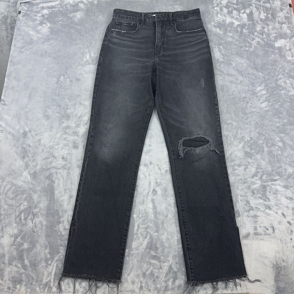 Good American Good Boy Straight Jeans 6/28 Black Side Slit High Rise Raw Hem